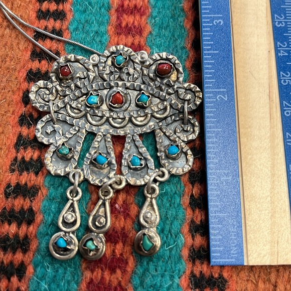 Vintage Sterling Silver Turquoise Coral Taxco Mexico Pendant Brooch necklace - Picture 3 of 6